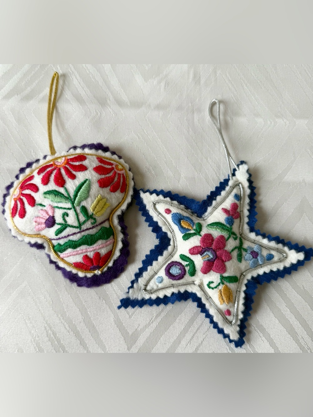Hand-Embroidered White Floral Holiday Christmas Ornament Set - Star Fabric Soft